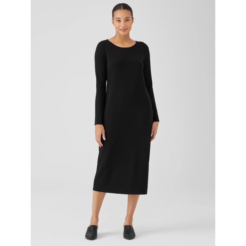 Eileen Fisher Midi Dress NEW Stretch Jersey Knit Jewel Neck Black Medium